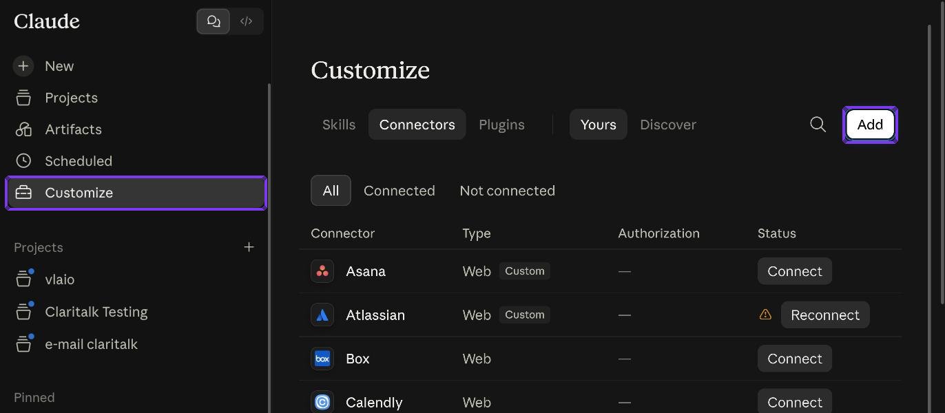 Screenshot stap 1: Customize → Connectors, met de knop Add rechtsboven