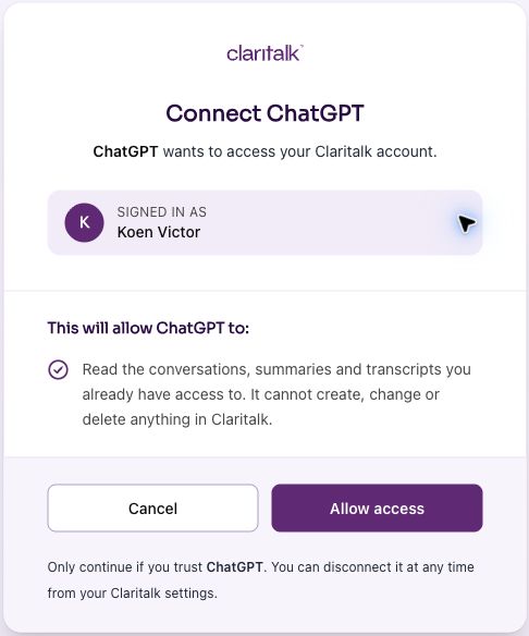 Claritalk vraagt toestemming om ChatGPT leestoegang te geven
