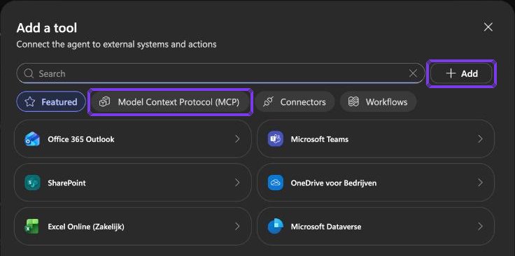 Screenshot stap 3: Add a tool met de tab Model Context Protocol (MCP)
