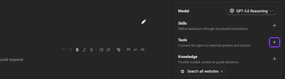 Screenshot stap 2: Rechterpaneel van de agent: Tools
