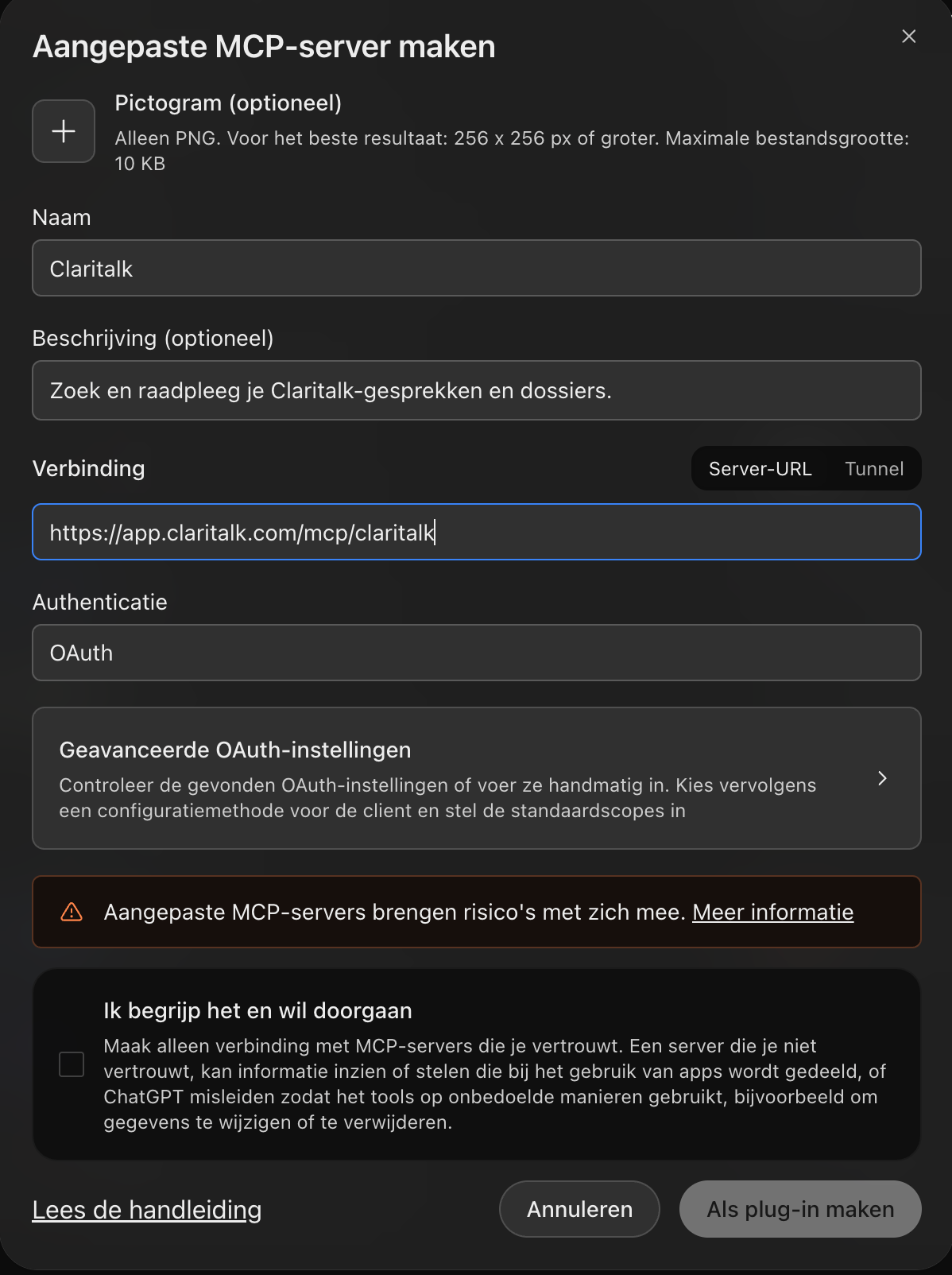 Le formulaire rempli Créer un serveur MCP personnalisé avec les données de Claritalk.