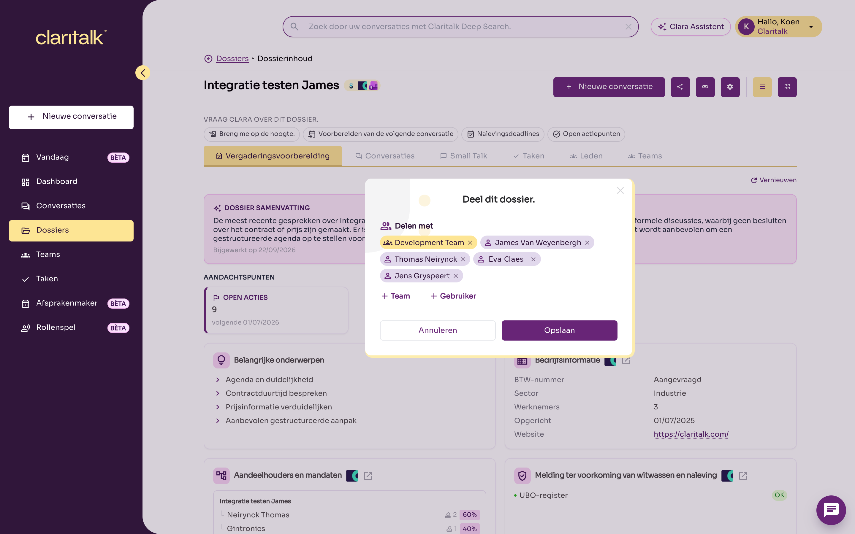 Het venster Deel dit dossier met een team en enkele gebruikers