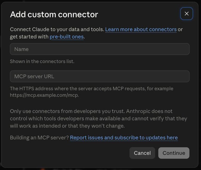 Screenshot stap 2: Het lege dialoogvenster Add custom connector