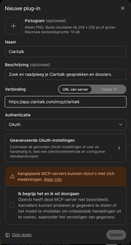 Het ingevulde formulier voor Claritalk met de MCP-server-URL en OAuth