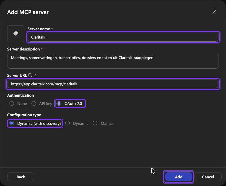 Screenshot stap 5: Add MCP server: OAuth 2.0 met Dynamic (with discovery)