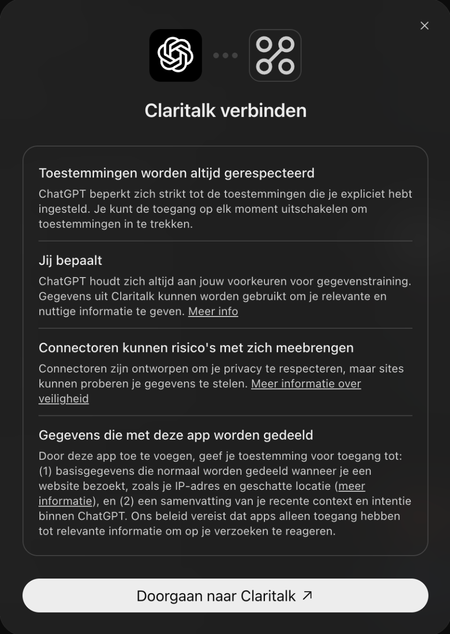 La fenêtre Connecter Claritalk dans ChatGPT avec le bouton Aller à Claritalk.
