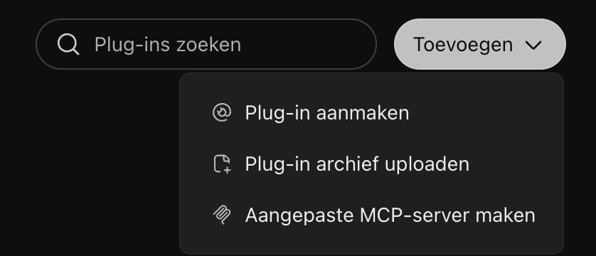 Le menu Ajouter avec l'option Créer un serveur MCP personnalisé.