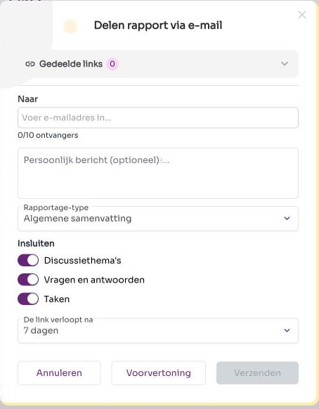 Het venster Delen rapport via e-mail zoals het opent, met een leeg adresveld.