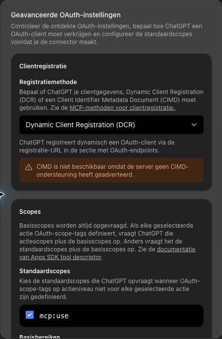 OAuth-instellingen met Dynamic Client Registration en de scope mcp:use