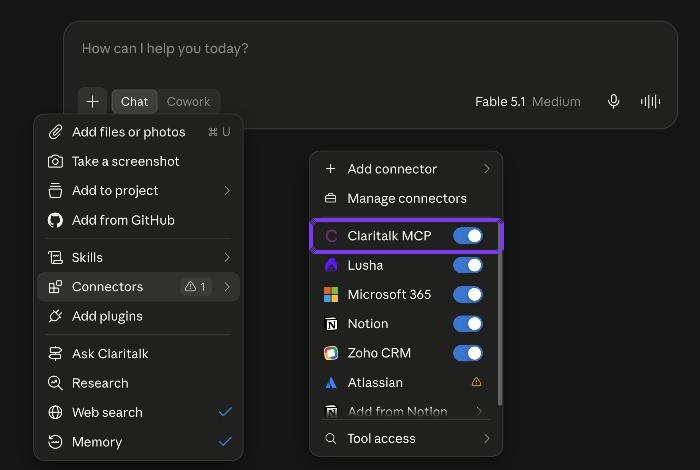 Screenshot stap 8: Connectors per gesprek in- of uitschakelen (hier getoond als “Claritalk MCP”)