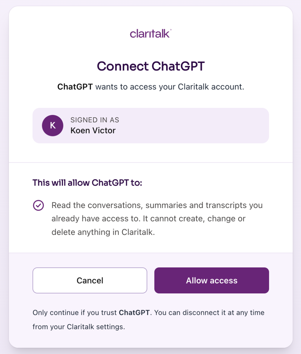 L'écran Connect ChatGPT de Claritalk avec le compte connecté et le bouton Allow access.