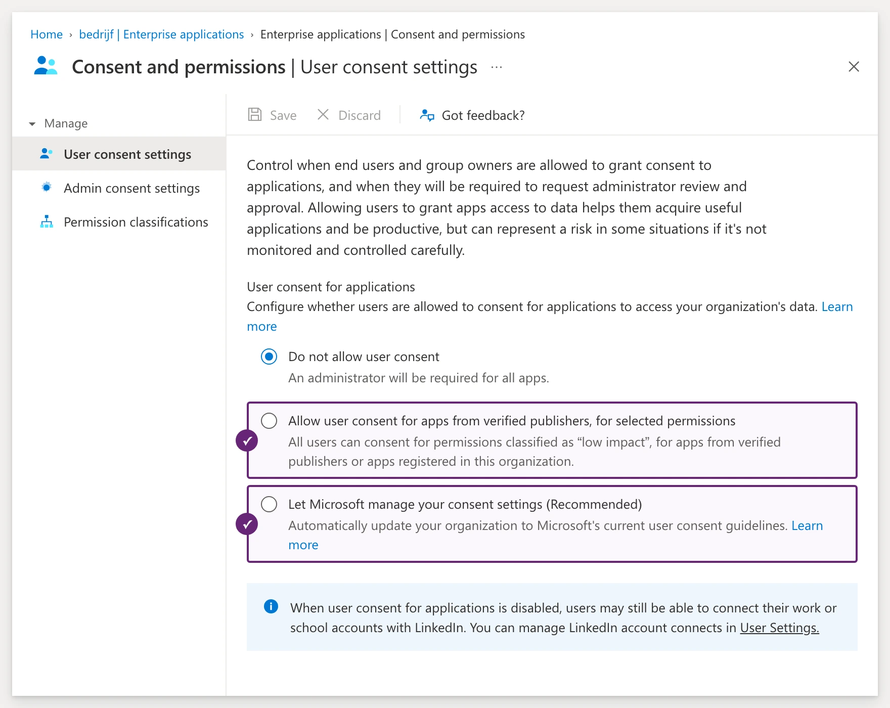 Het scherm User consent settings in Microsoft Entra ID, met de twee bruikbare opties aangeduid.