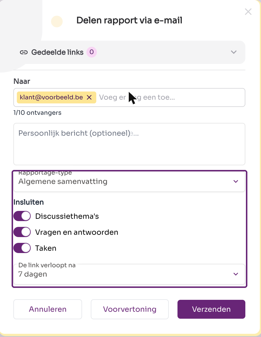 Het rapportage-type, de schakelaars onder Insluiten en de vervaltermijn van de link.