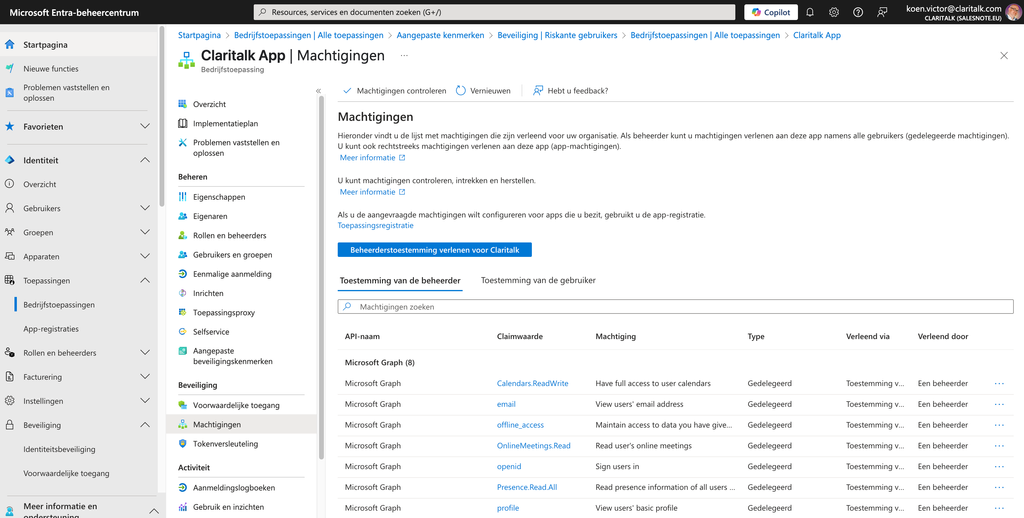 Het machtigingenoverzicht van de Claritalk App
