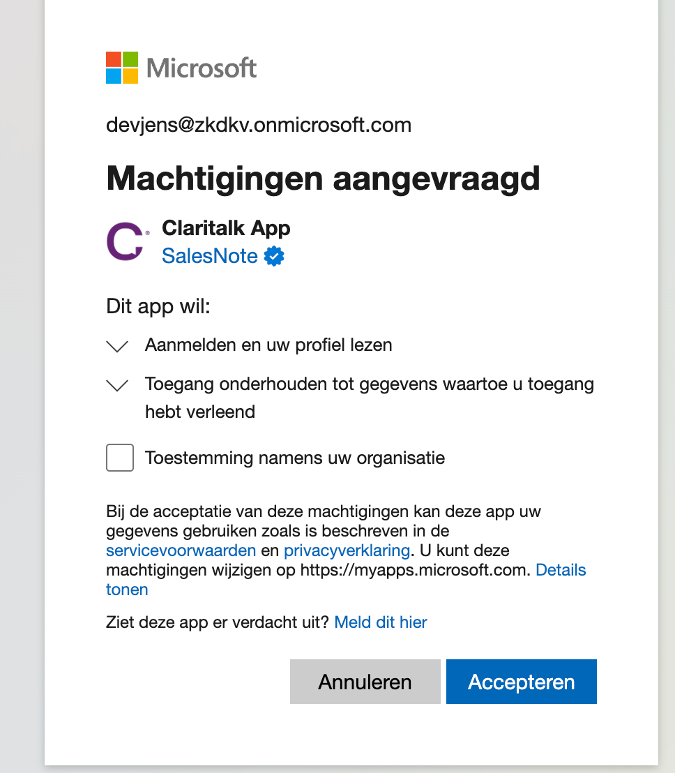 Bevestig de gevraagde machtigingen met Accepteren