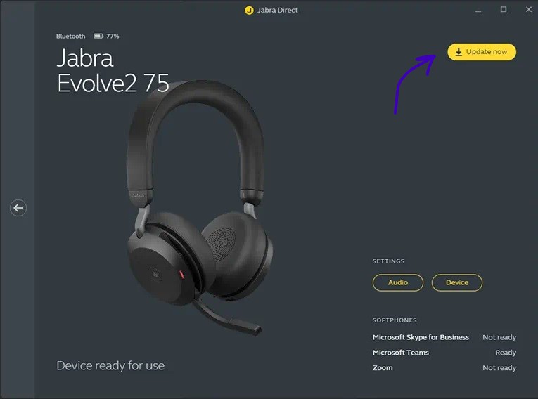 Jabra Direct met een verbonden Jabra Evolve2 75 en de knop Update now voor een firmware-update