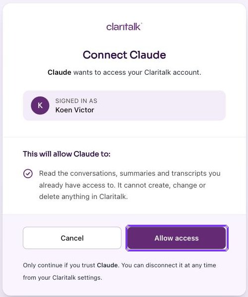 Screenshot stap 6: Autorisatiepagina van Claritalk