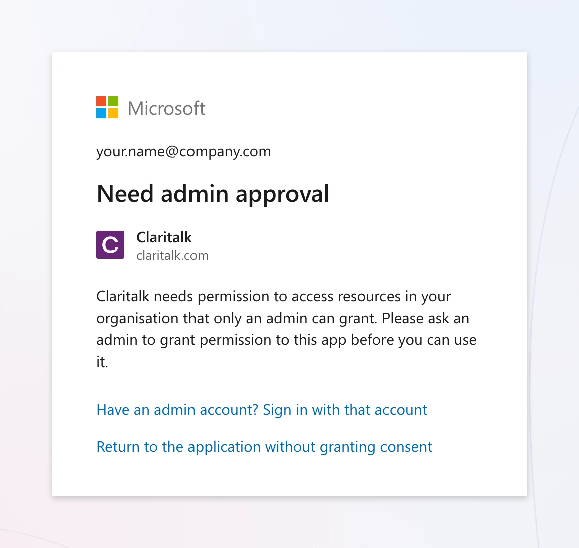 Microsoft-scherm met de melding Need admin approval voor de app Claritalk.