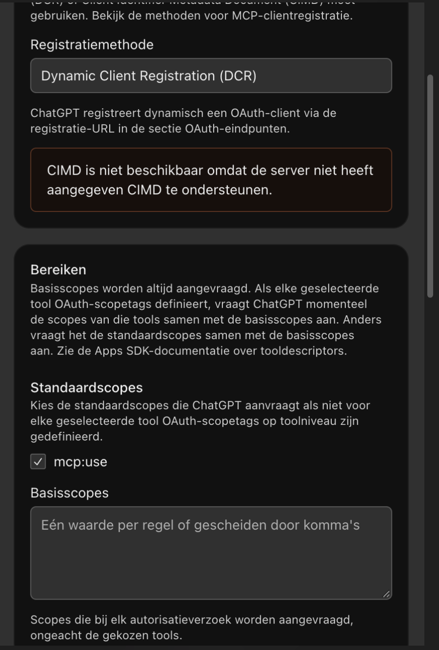 Paramètres OAuth détectés automatiquement : DCR comme méthode d'enregistrement et mcp:use comme scope par défaut.
