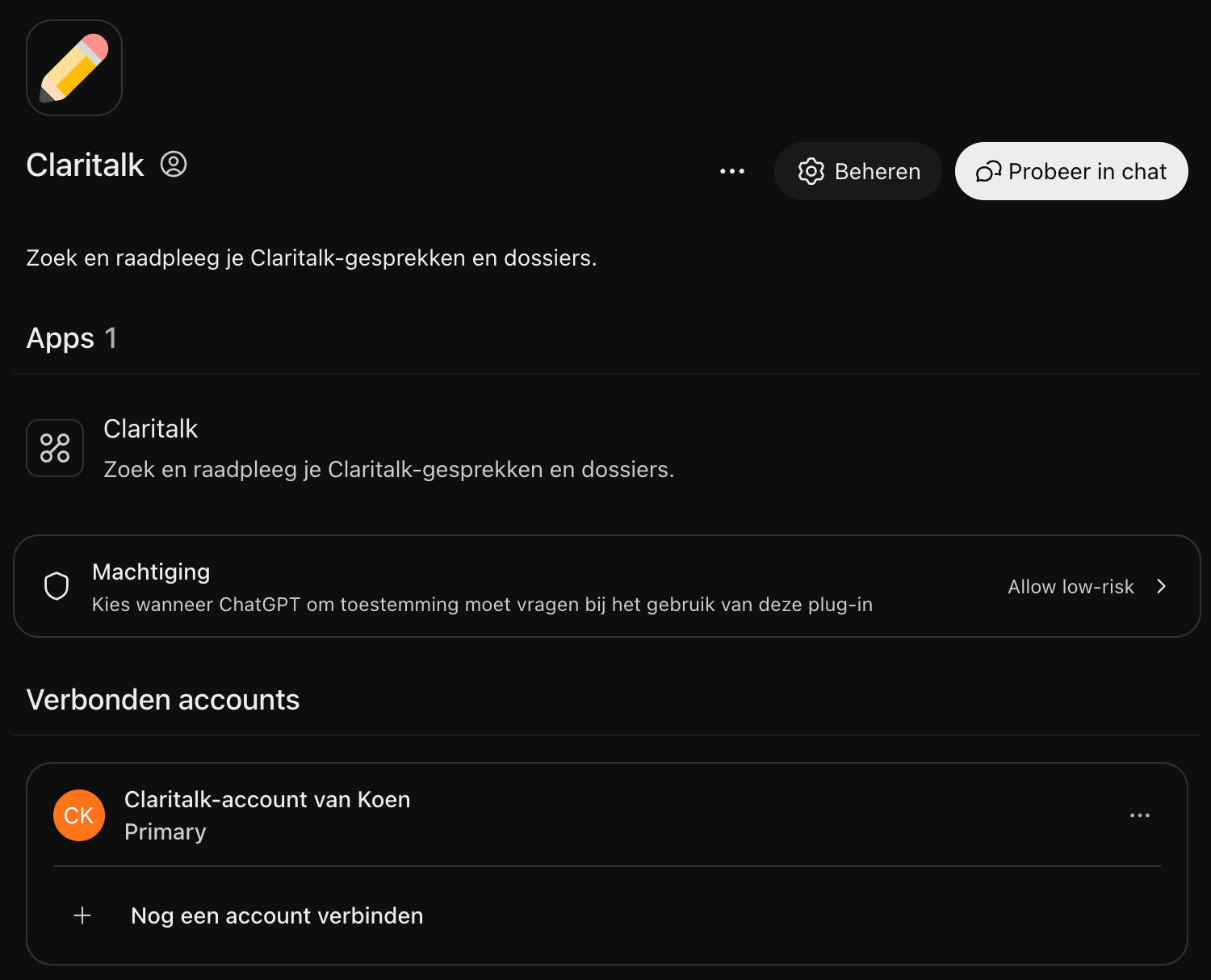 La page du plug-in Claritalk avec l'app, la permission et le compte connecté.
