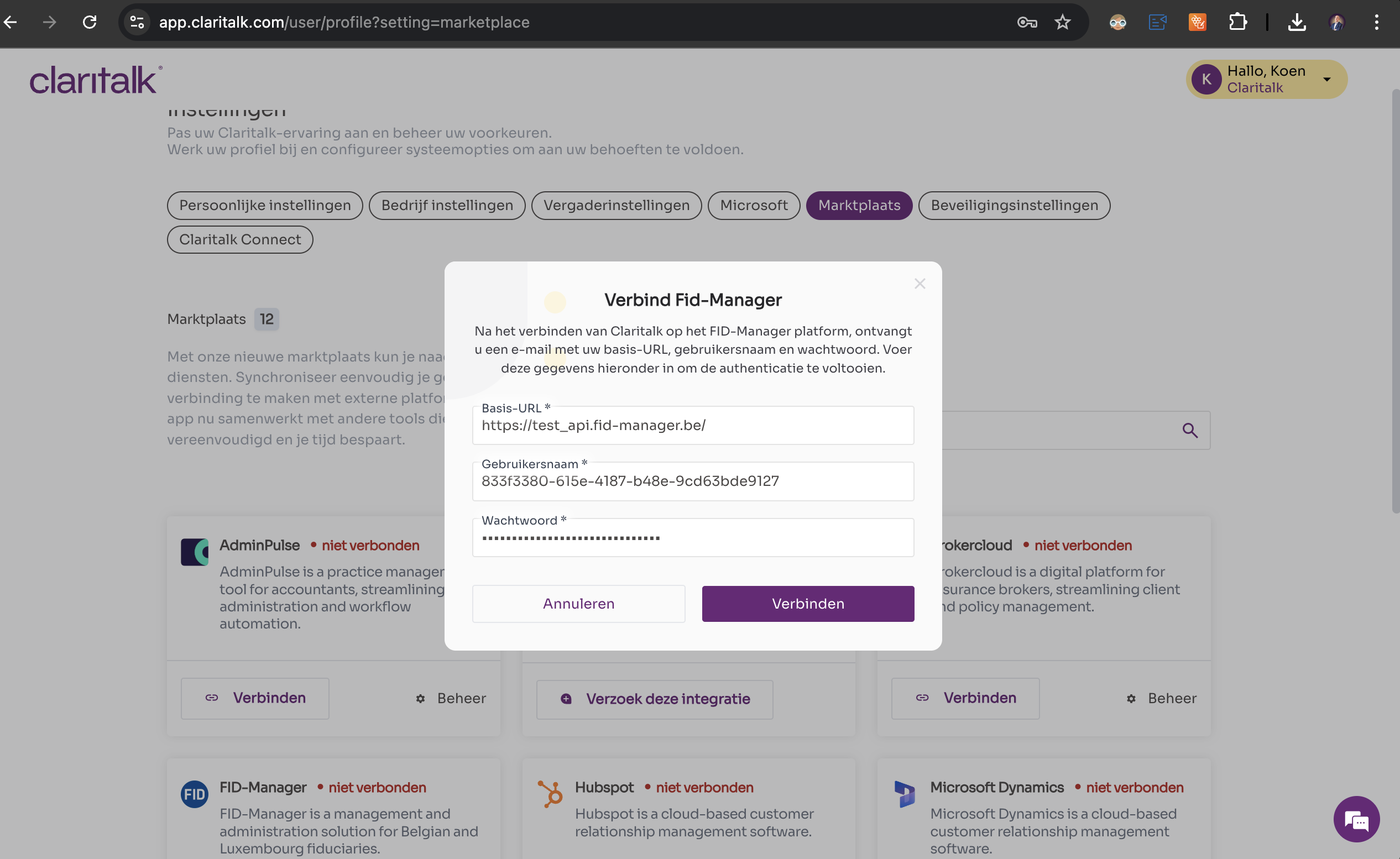 Toegangscodes invullen in Claritalk