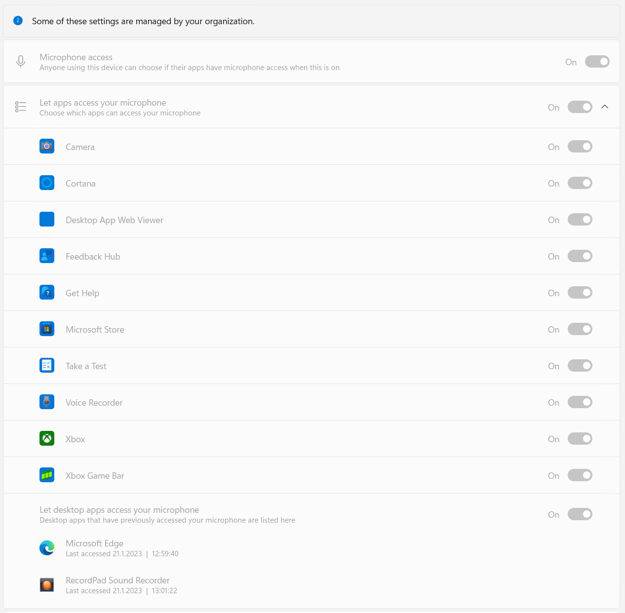 Het resultaat van &ldquo;Force allow&rdquo; op de pc&rsquo;s: alle apps hebben microfoontoegang