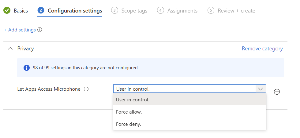 De instelling &ldquo;Let Apps Access Microphone&rdquo; in de Intune-instellingencatalogus