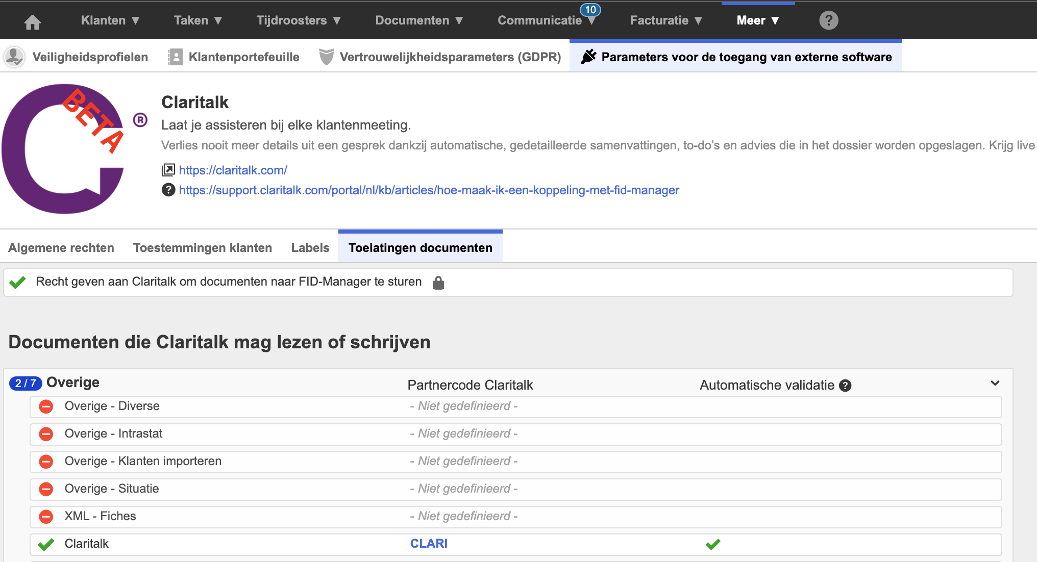 Partnercode CLARI invullen bij Toelatingen documenten