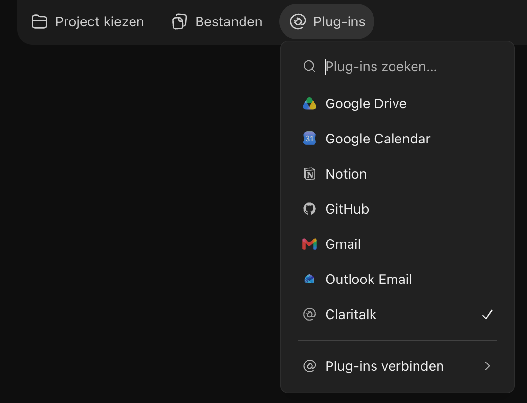 Le sélecteur de plug-ins sous le champ de saisie avec Claritalk coché.