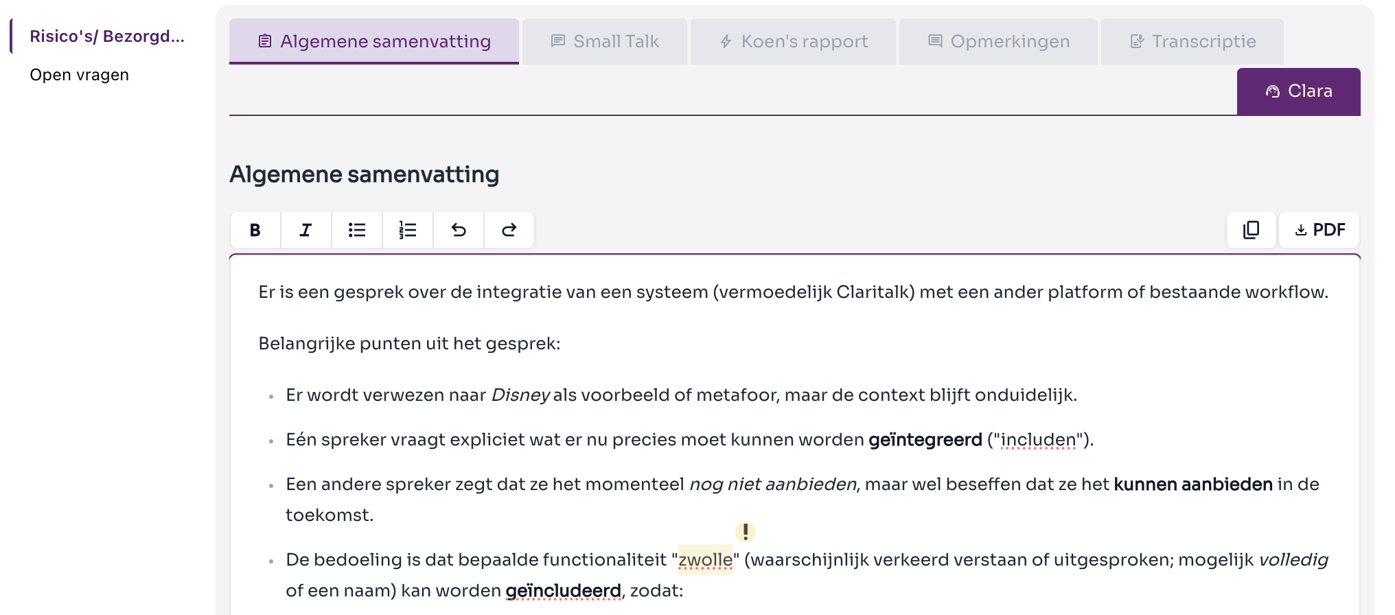 Een gemarkeerd woord in het verslag met een uitroepteken erboven