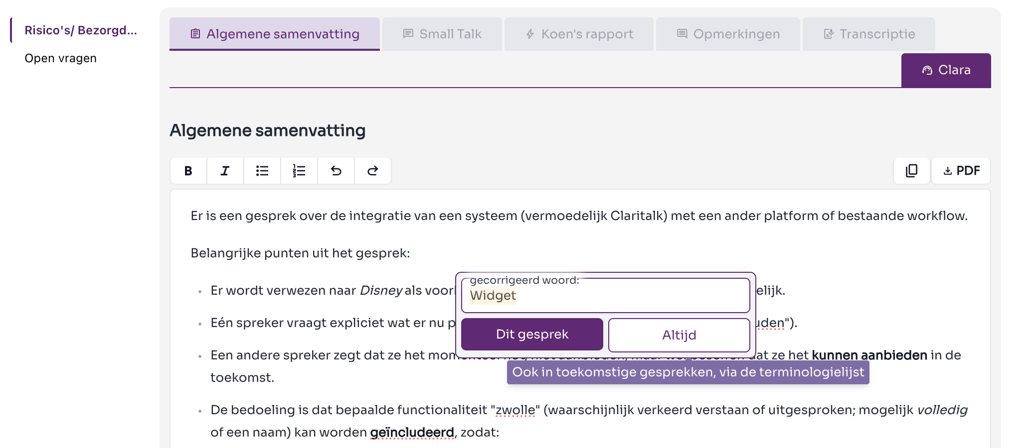 Het venster gecorrigeerd woord met de knoppen Dit gesprek en Altijd