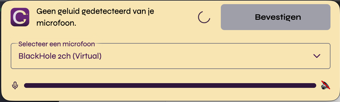 De Claritalk-melding dat er geen geluid van de geselecteerde microfoon binnenkomt, met een keuzelijst van microfoons